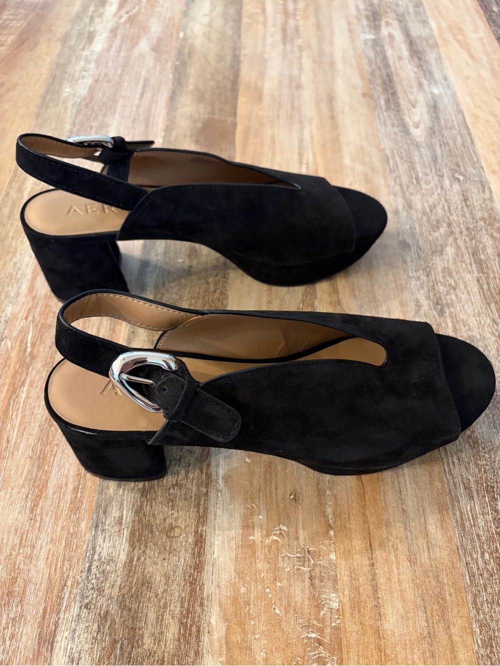 Aerosoles Cornelia Black Suede Peep Toe Platform Slingback Block Heels 10M